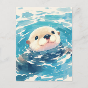 Carte Postale Loutre aquarelle heureuse nageant