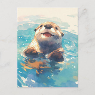 Carte Postale Loutre aquarelle heureuse nageant