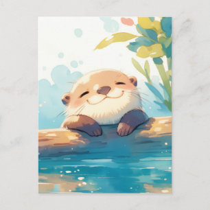 Carte Postale Loutre Aquarelle Heureuse Se Reposant Sur Une Bûch