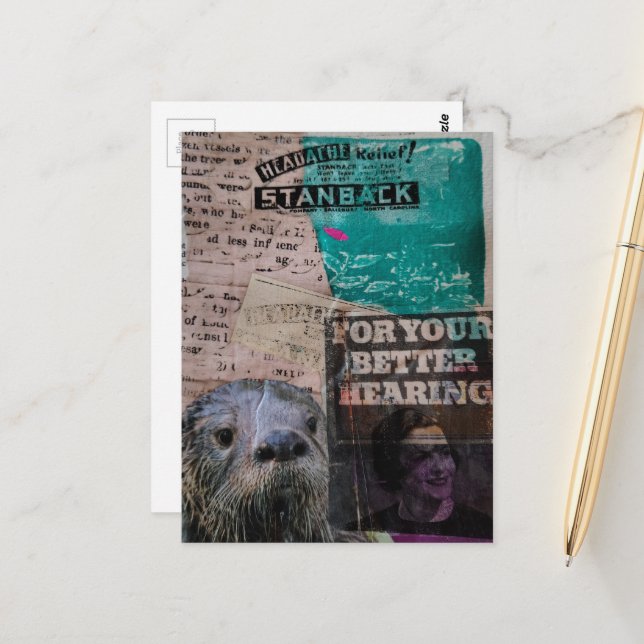 Carte Postale Loutre avec collage de publicités vintage (Devant/Arrière en situation)