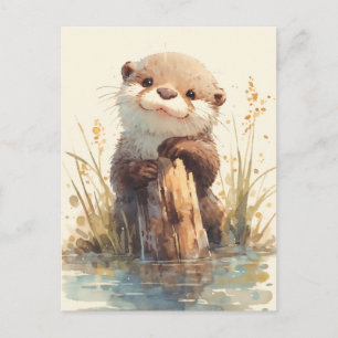 Carte Postale Loutre bébé duveteuse sur poteau en bois