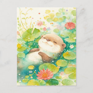 Carte Postale Loutre bienheureuse flottant dans un étang de nénu