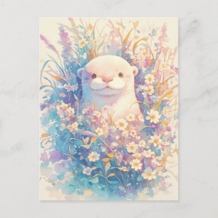 Carte Postale Loutre blanche douce dans une prairie de fleurs sa