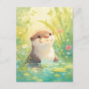 Carte Postale Loutre curieuse dans l'étang ensoleillé aux lis