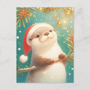 Carte Postale Loutre de Noël festive avec chapeau de Père Noël