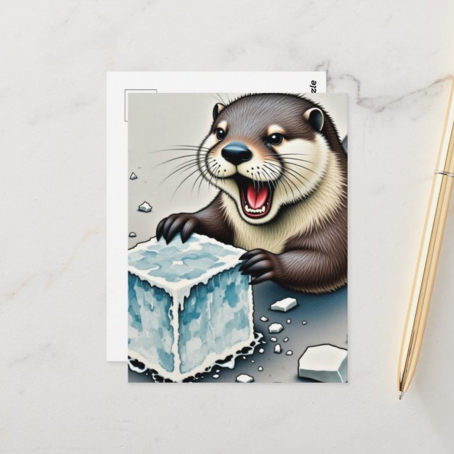 Carte Postale Loutre et glace (Devant/Arrière en situation)