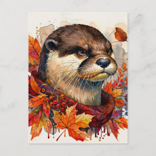 Carte Postale Loutre Grincheuse En Aquarelle D'automne