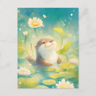 Carte Postale Loutre heureuse dans l'étang de lys en été