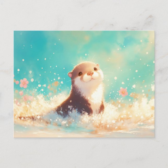 Carte Postale Loutre heureuse éclaboussant dans une mer turquois (Devant)