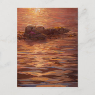 Carte Postale Loutres se câlinant au coucher du soleil flottant