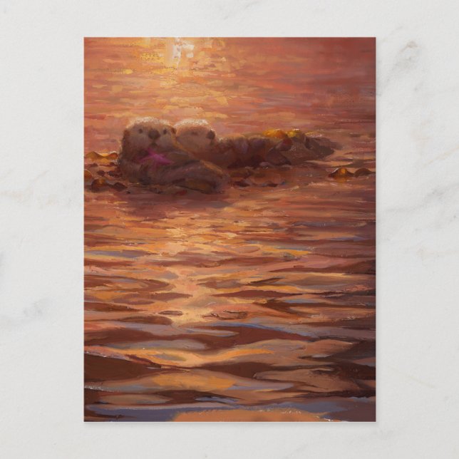 Carte Postale Loutres se câlinant au coucher du soleil flottant  (Devant)