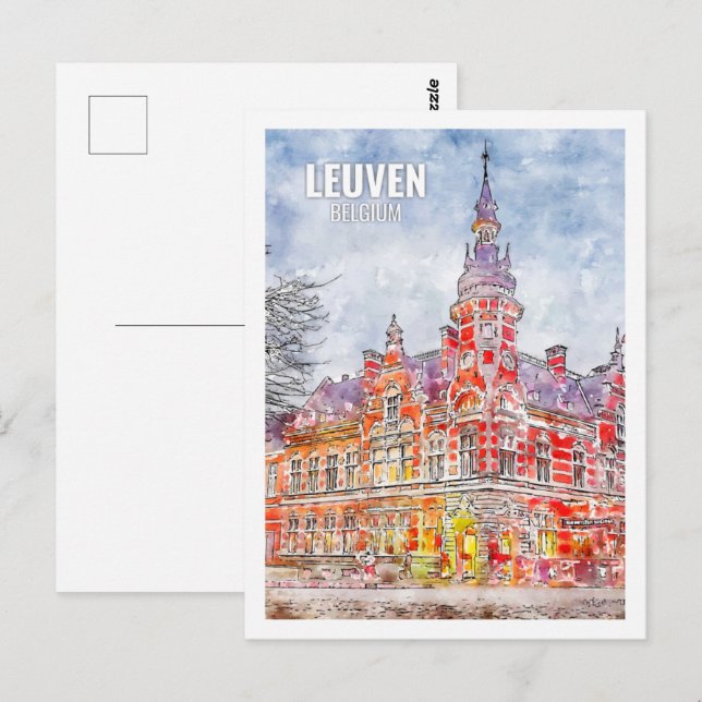 Carte Postale Louvain Belgique Fameux Travel Place Aquarelle (Devant / Derrière)