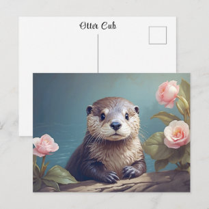 Carte Postale Louveteau de loutre vintage portrait de rose migno