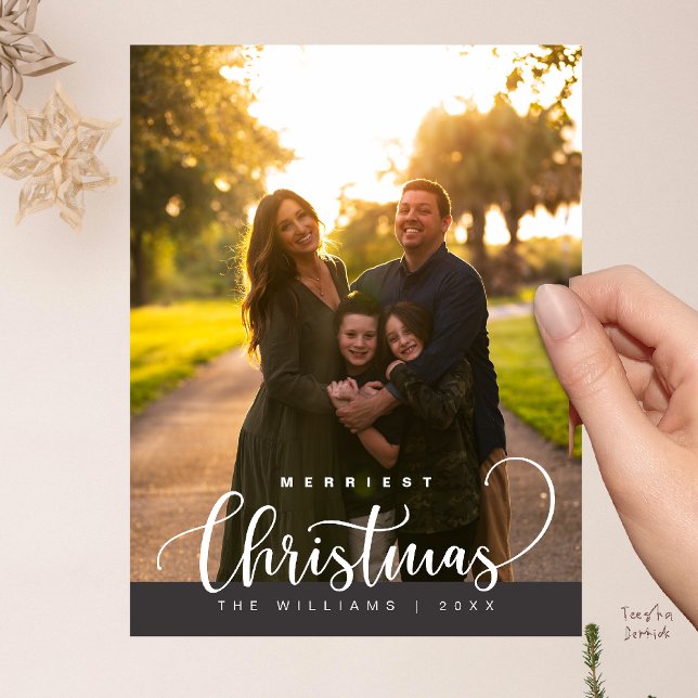 Carte Postale Love and Joy, Merry Christmas Family Photo (Love and Joy, Merry Christmas Family Photo Modern Cute Typography Postcard in Charcoal Grey)