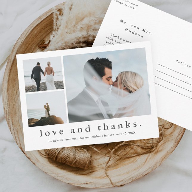 Carte Postale Love and Thanks Mariage Photo Merci (Simple black and white love and thanks 3 photo collage wedding thank you postcard.)