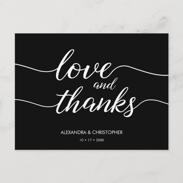 Carte Postale Love and Thanks Script Mariage noir et blanc (Devant)