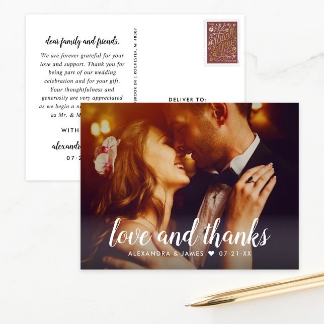Carte Postale Love and Thanks Script Mariage Photo Merci (Créateur téléchargé)