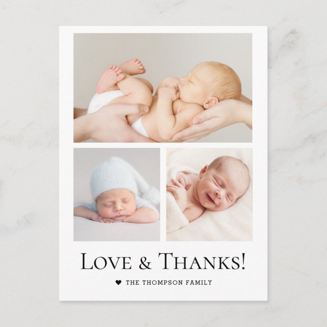 Carte Postale Love and Thanks Typographie Grille photo Baby Boy (Devant)