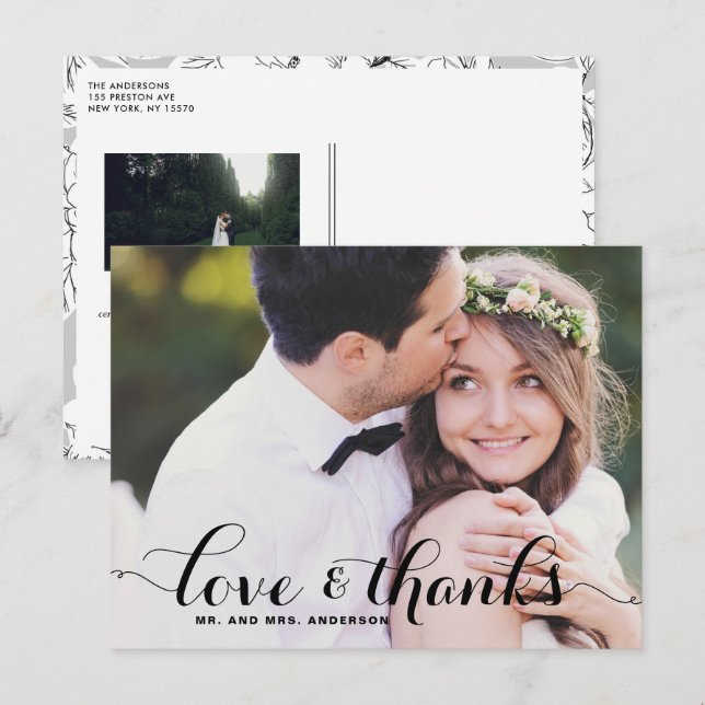 Carte Postale Love and Thanks Whimsical Script Photo Mariage (Devant / Derrière)