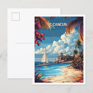 Carte Postale Love Cancun Mexique Art Vintage Illustration Voyag