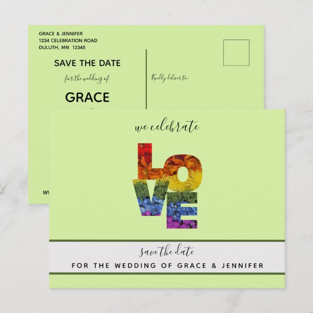 Carte Postale LOVE Green Thème Même-Sexe Mariage Enregistrer la  (Devant / Derrière)