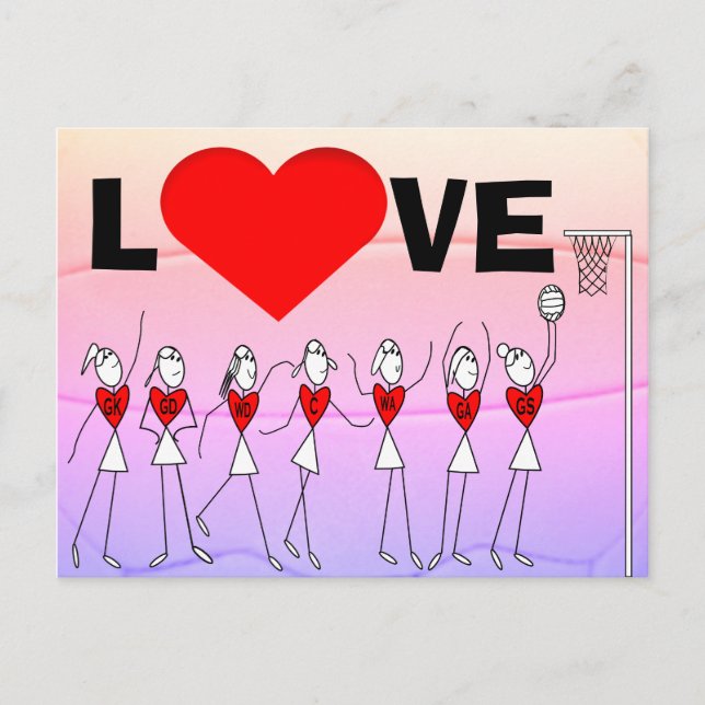 Carte Postale Love Netball Positions Stick Figures et Coeur (Devant)