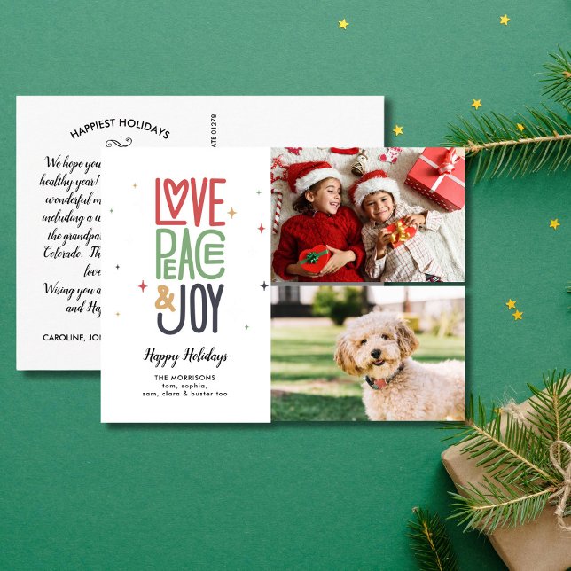 Carte Postale Love Peace Joy Typographie moderne 2 Photo Holiday (Créateur téléchargé)
