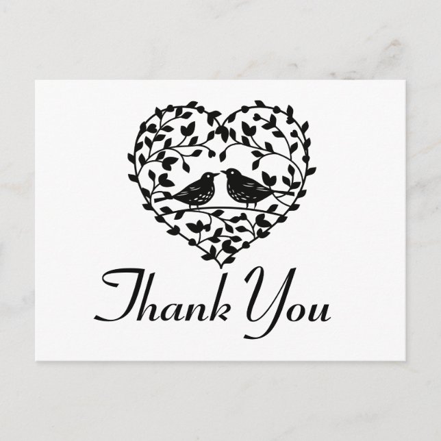 Carte Postale Lovebirds Merci Coeur Floral Noir Et Blanc (Devant)