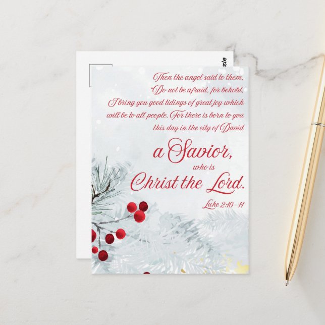 Carte Postale Luc 2:10-11 Aquarelle Noël Ecriture d'hiver (Devant/Arrière en situation)