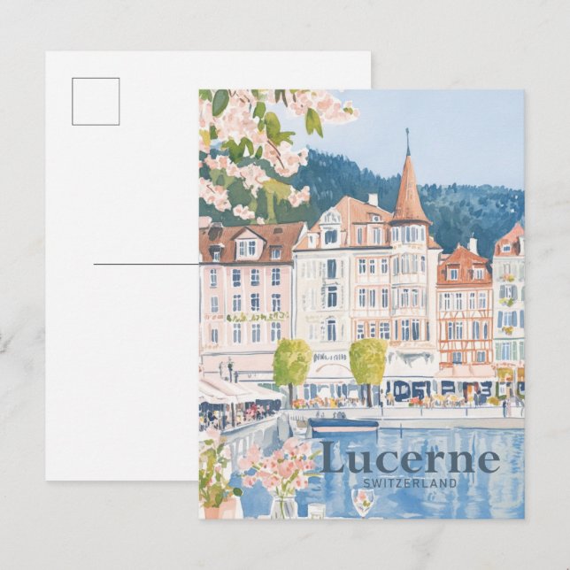 Carte Postale Lucerne Suisse Aquarelle Peinture Voyage (Devant / Derrière)