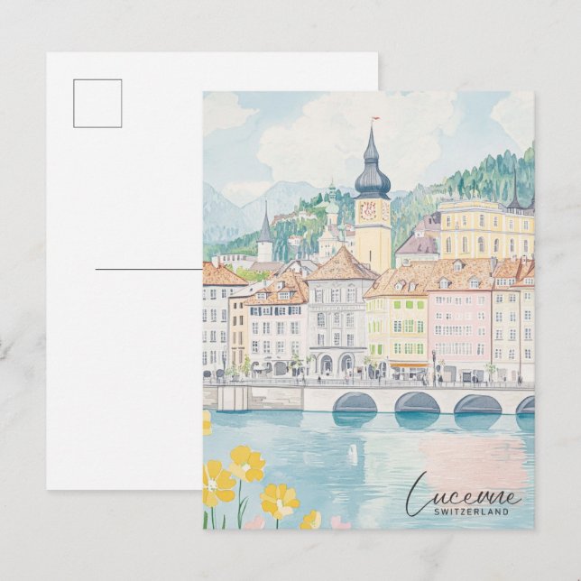 Carte Postale Lucerne Suisse Gouache Illustration Voyage (Devant / Derrière)