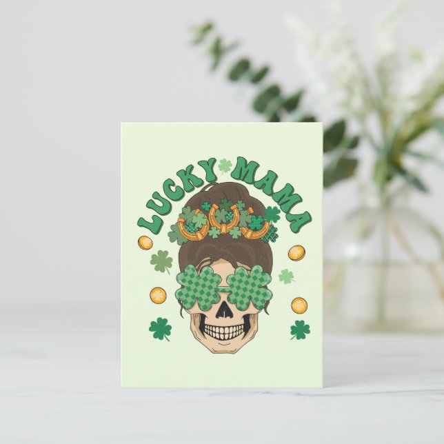 Carte Postale Lucky Mama Skeleton avec Clovers et Horseshoes (Debout devant)