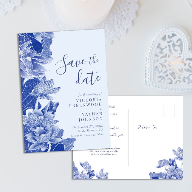 Carte Postale Lumière bleu Lotus Floral Chinoiserie Enregistrer  (Créateur téléchargé)