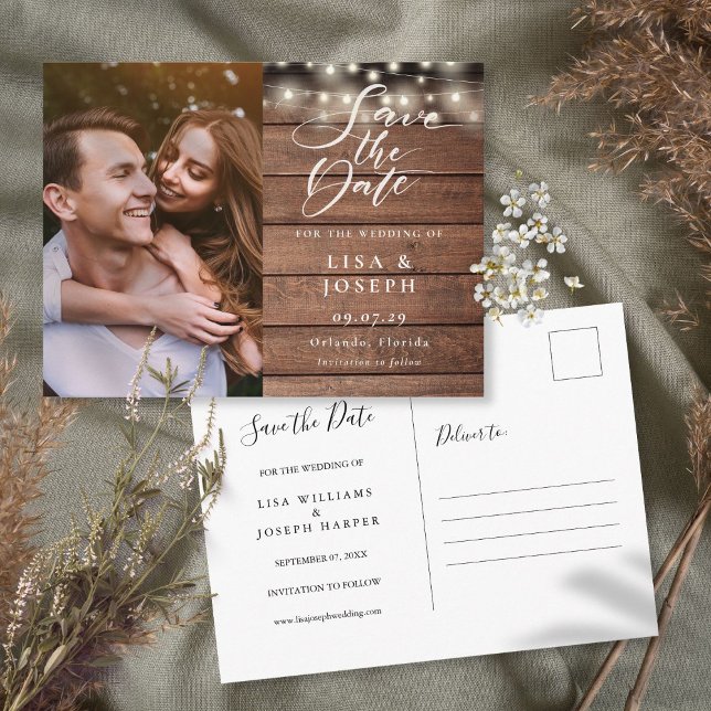 Carte Postale Lumières de Chaîne Rustiques Photo Mariage Enregis (Créateur téléchargé)