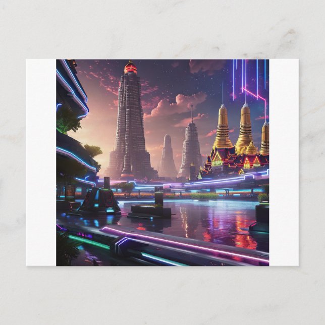 Carte Postale Lumières de néon vibrantes de Cyberpunk Bangkok (Devant)