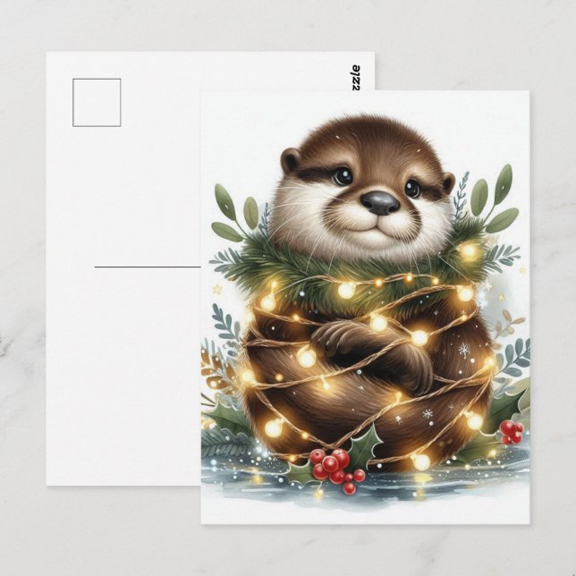 Carte Postale Lumières de Noël de loutre à l'aquarelle (Devant / Derrière)