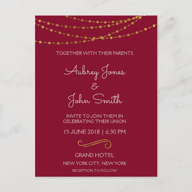 Carte Postale Lumières et Mariage de script Gold Foil (Devant)