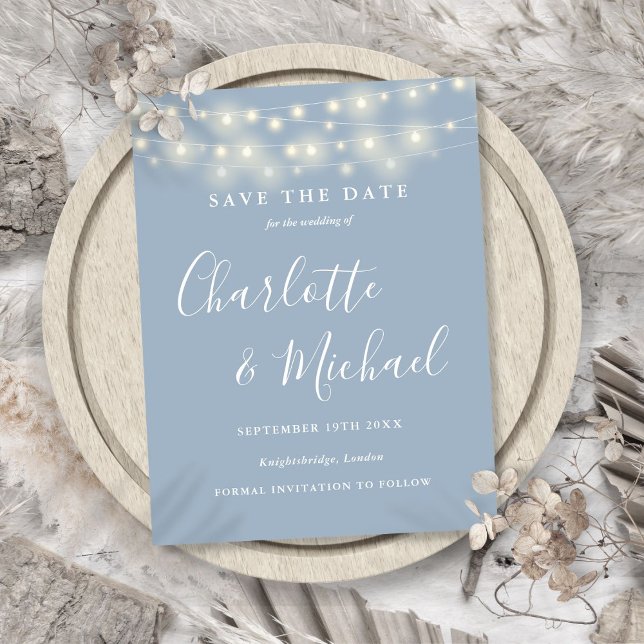 Carte Postale Lumières Guirlandes Mariage Bleu Poussiéreux Enreg (String Lights Dusty Blue Wedding Save the Date Postcard)