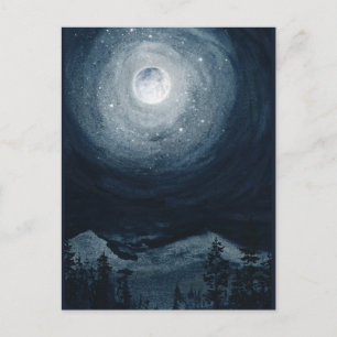 Carte Postale Lumineuse pleine lune étoile montagne bleu foncé n