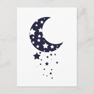 Carte Postale Lune bleu foncé et étoiles silhouette ciel magique