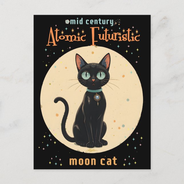 Carte Postale Lune de chat noir atomique futuriste avec texte (Devant)