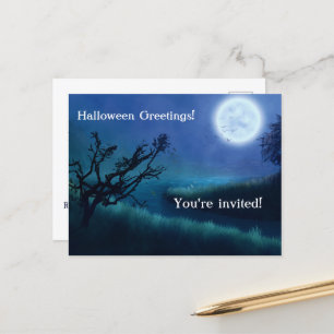 Carte Postale Lune d'Halloween à la nuit dans les tons bleu et v