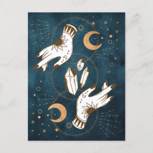 Carte Postale Lune d'or phase cristaux henné tatouage mains bleu
