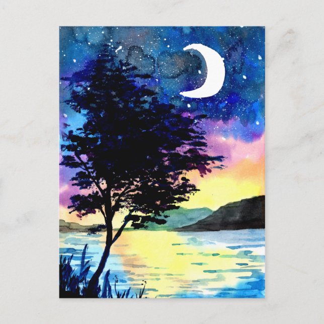 Carte Postale Lune et étoiles au-dessus du lac (Devant)