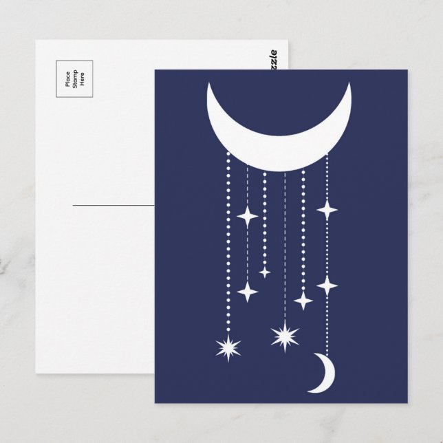 Carte Postale Lune et étoiles violet nuit perles ciel (Devant / Derrière)