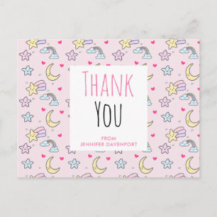 Carte Postale Lune, étoiles et nuages Motif sur Merci rose