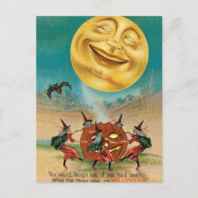 Carte Postale Lune souriante sur sorcières dansantes (Devant)
