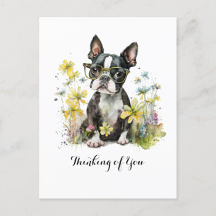 Carte Postale Lunettes de Terrier de Boston Floral Pensée pour t