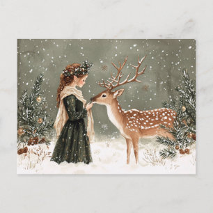 Carte Postale Lutin de Noël et cerf d'hiver