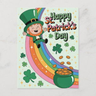 Carte Postale Lutin mignon avec la Saint-Patrick arc-en-ciel